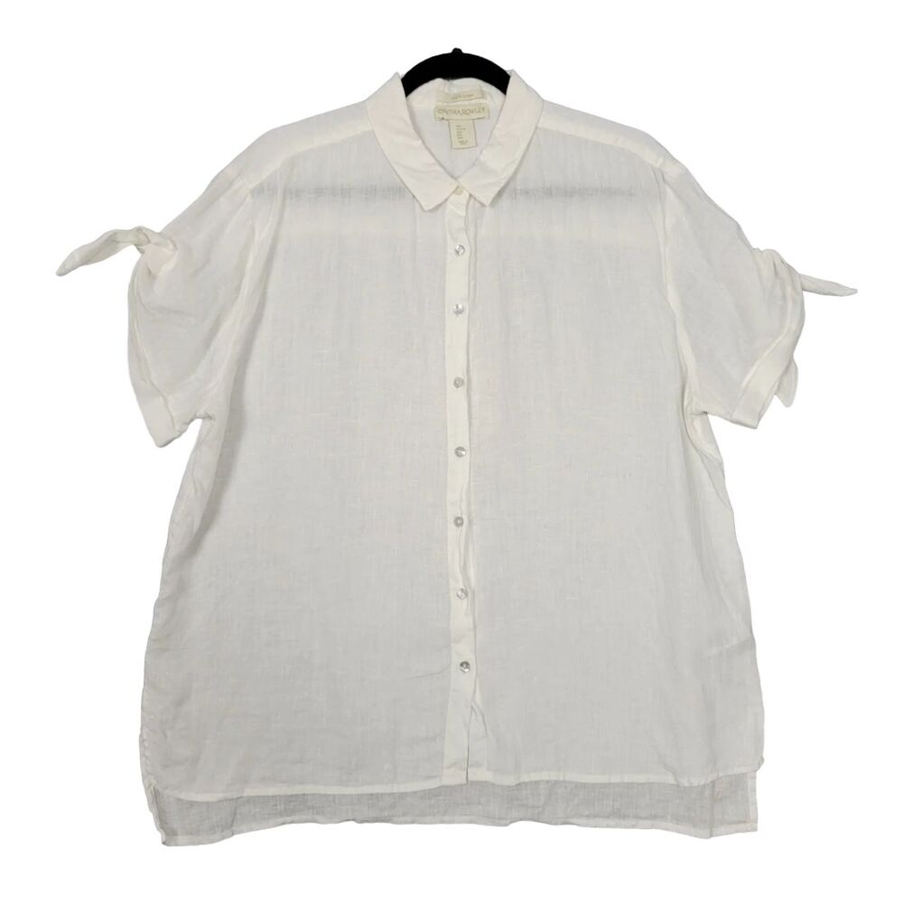 CYNTHIA ROWLEY White Linen Tie Sleeve Collared Button Up Coastal Top SIZE LARGE